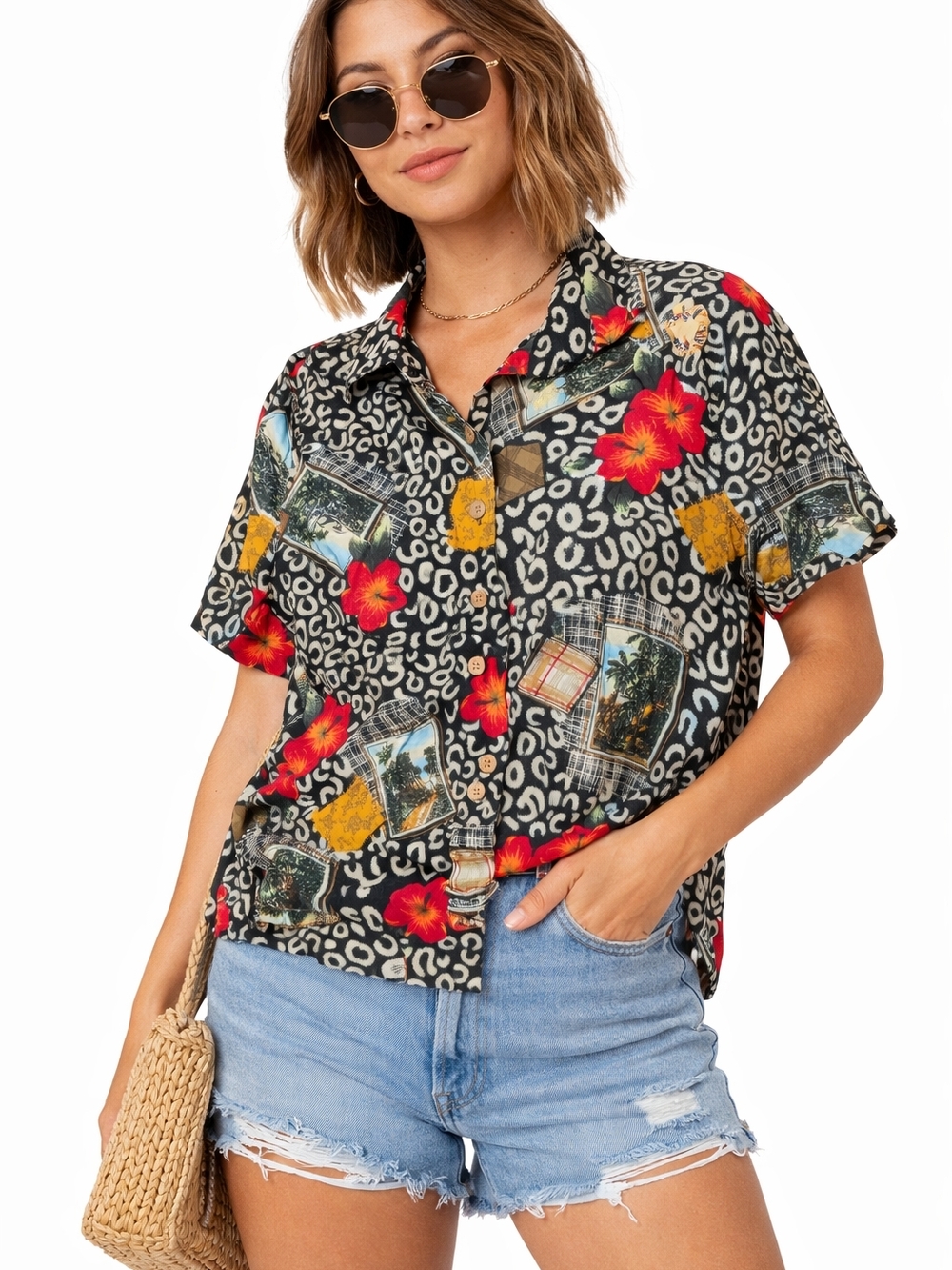 Vintage Hawaiian Button Up Shirt Women Medium Floral Leopard Print Tropical EUC